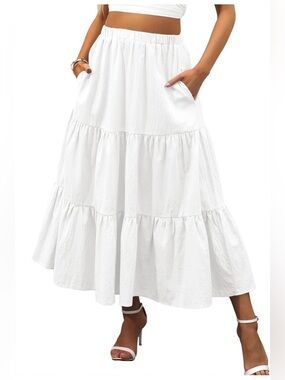 Anrabess Tiered Summer Light Weight Maxi Skirt White